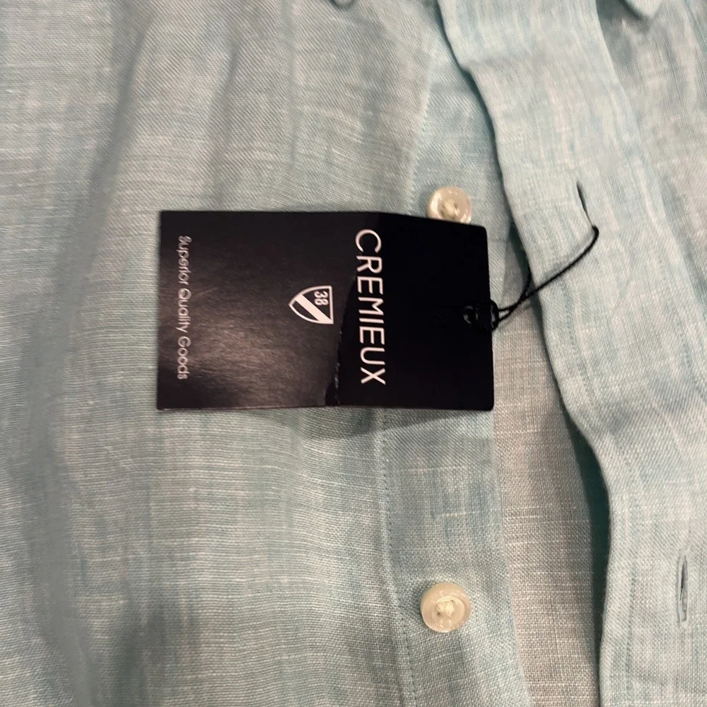 New Cremieux Men's Solid Short-Sleeve Linen Woven Shirt Large Aqua